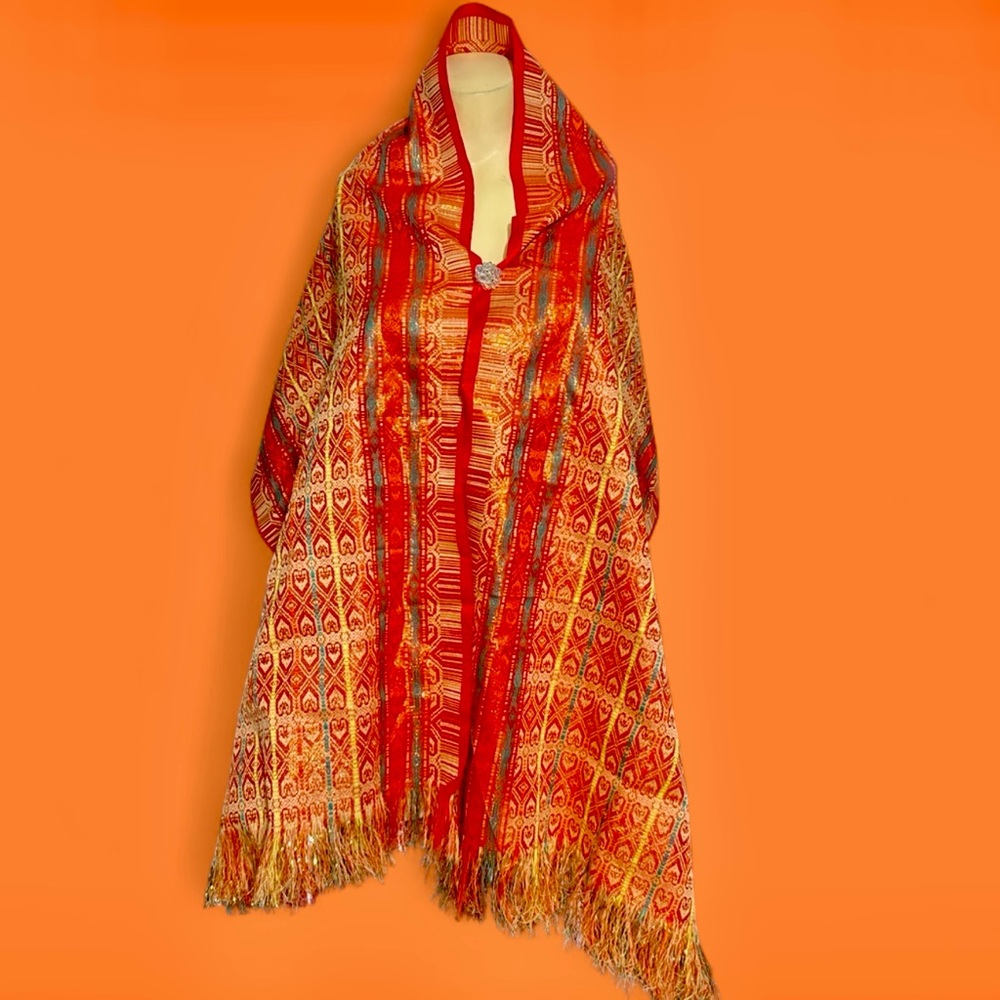 Vibrant Red and Gold Patterned Shawl